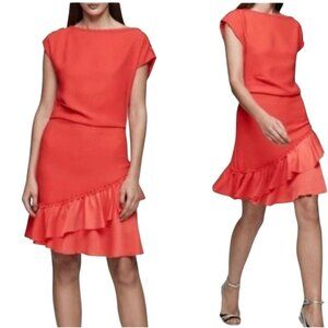 REISS Cecilia Frill-Detail Asymmetric Hem Dress Sz 4 Red Cap Sleeves Back Zipper